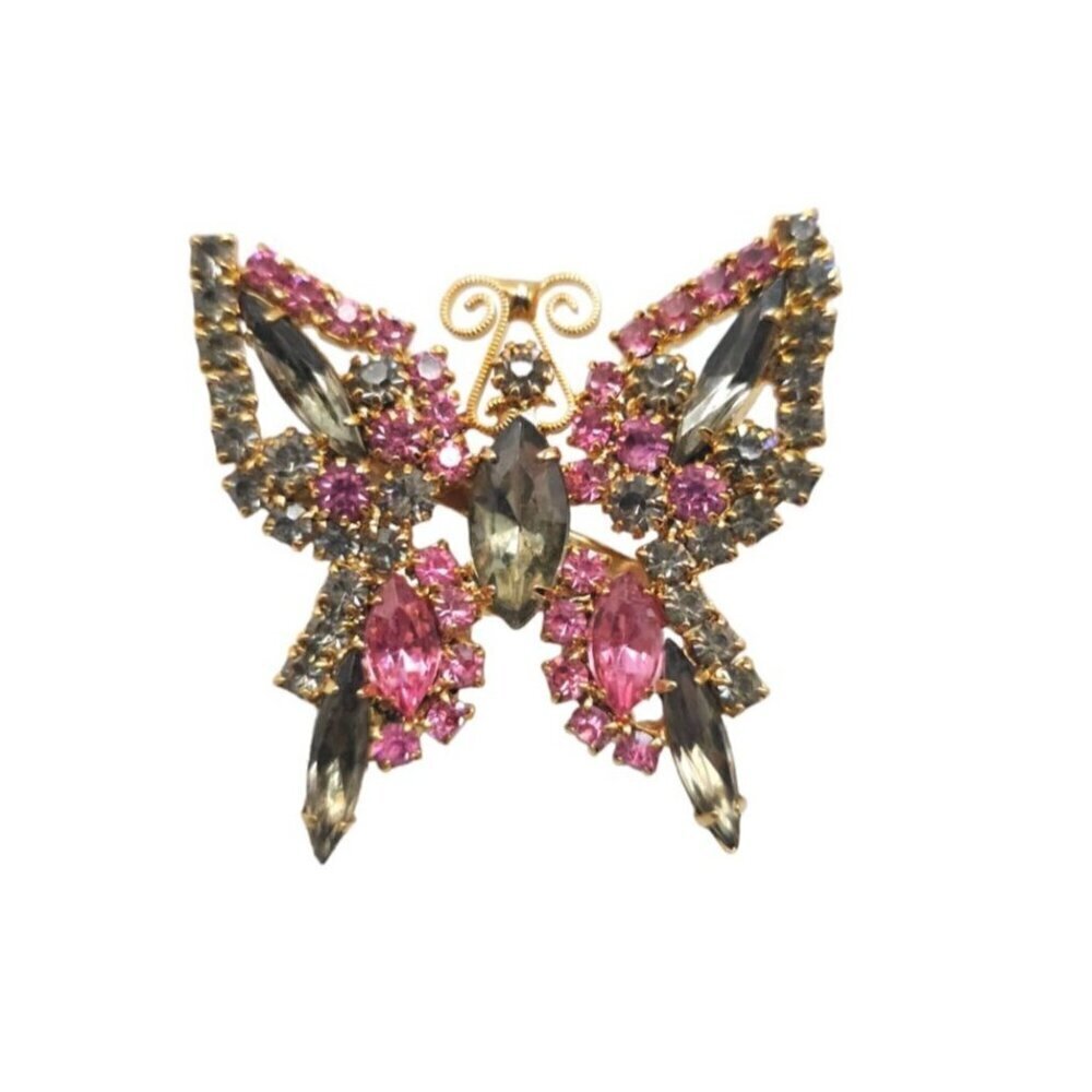 Pink Gray Rhinestone Crystal Butterfly Brooch Pin Gold Tone Vintage